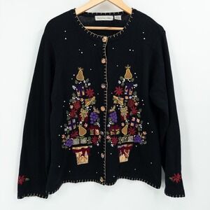 Vintage Victoria Jones Christmas Tree Embroidered Cardigan Sweater L Holiday 90s